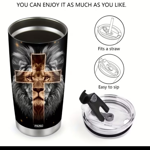 Lion Design Tumbler with Cross - Black and Gold - Picture 6 of 6